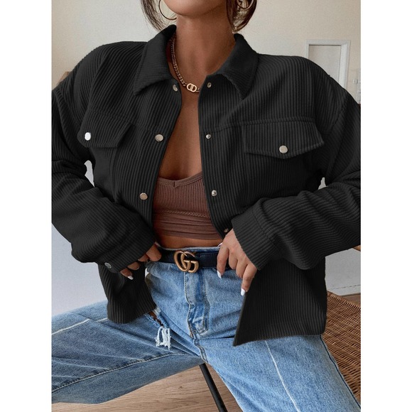 Flap Pocket Button Front Corduroy Jacket boyfriend shacket cream - Picture 10 of 13